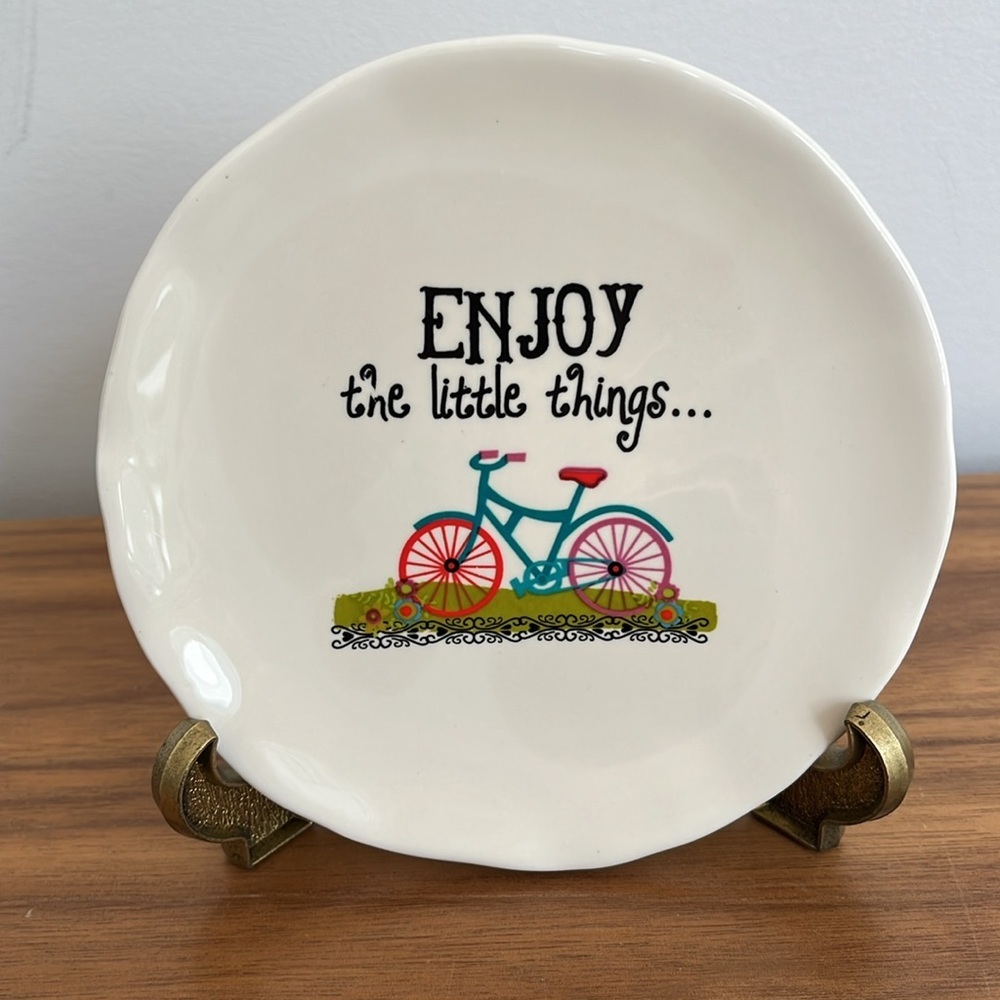 TRINKET DISH Dessert Plate Ceramic Bicycle Design "Enjoy the Little Things" Gift